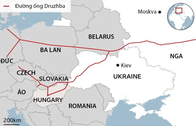 Vị trí đường ống Druzhba. Đồ họa: BBC