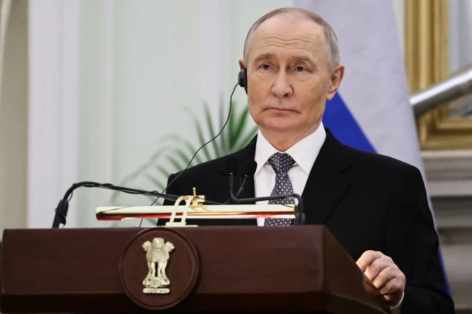 Tổng thống Nga Vladimir Putin tại cuộc họp báo ở New Delhi ngày 5/12/2025. Ảnh: AP