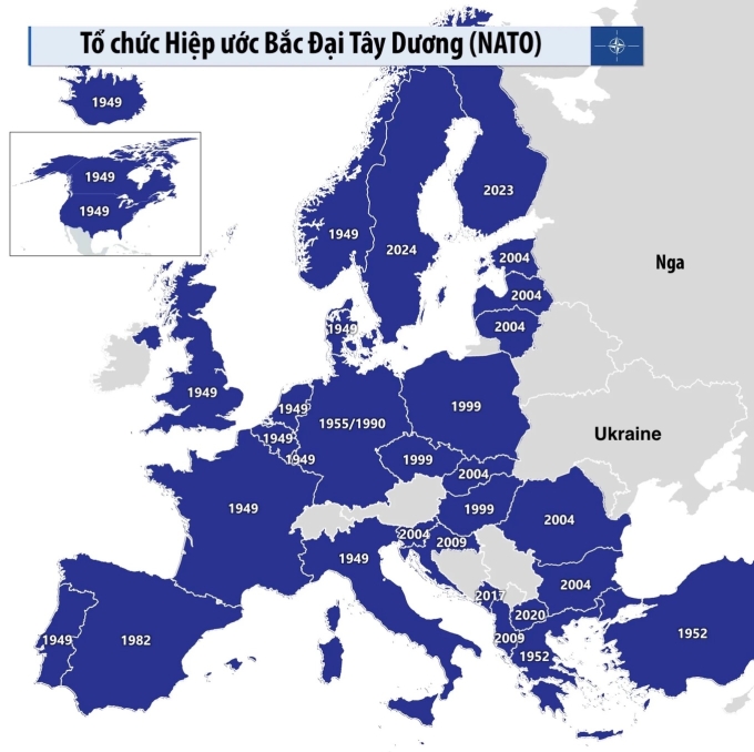 Vị trí các nước thành viên NATO cùng năm gia nhập. Đồ họa: NWEGEO