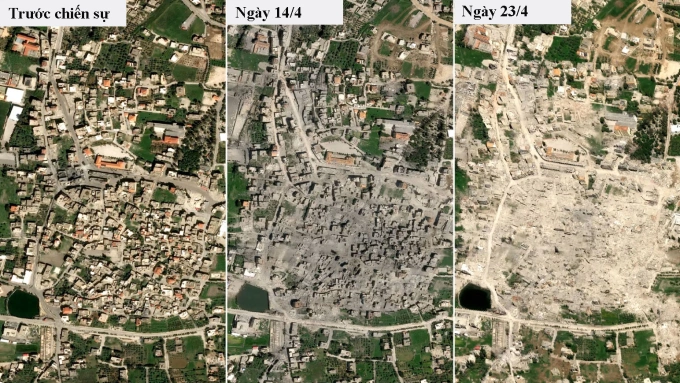 Ảnh vệ tinh cho thấy làng Bint Jbeil ở miền nam Lebanon trước và trong chiến sự. Ảnh: Airbus