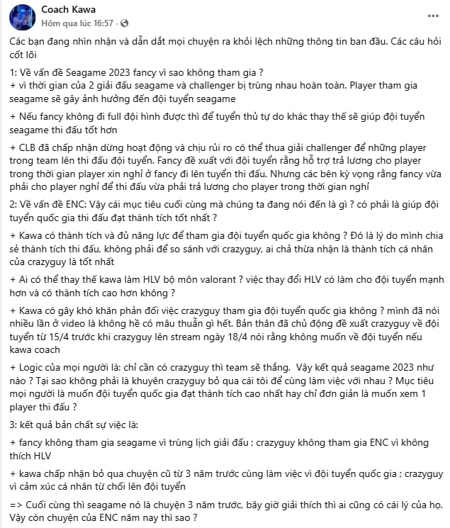 Kawa phản bác chỉ trích của crazyguy trên trang cá nhân. Kawa phản bác chỉ trích của crazyguy trên trang cá nhân.