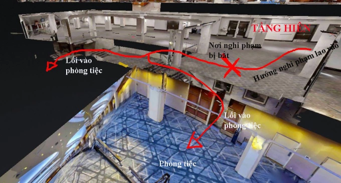 Hình minh họa hướng di chuyển của tay súng trước khi bị mật vụ khống chế. Đồ họa: X/Gavin Bena