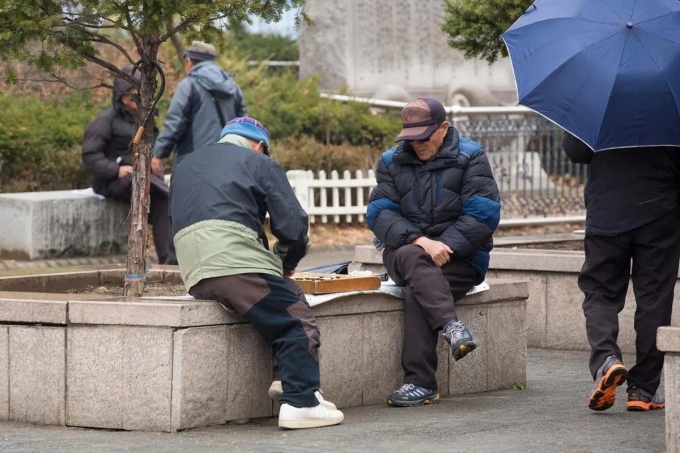 Hai cụ già chơi cờ trong công viên Jongmyo ở trung tâm thủ đô Seoul, Hàn Quốc, hồi năm 2024. Ảnh: Straits Times