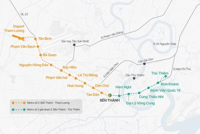Hướng tuyến hai đoạn metro Bến Thành - Tham Lương và Bến Thành - Thủ Thiêm. Đồ họa: Khánh Hoàng