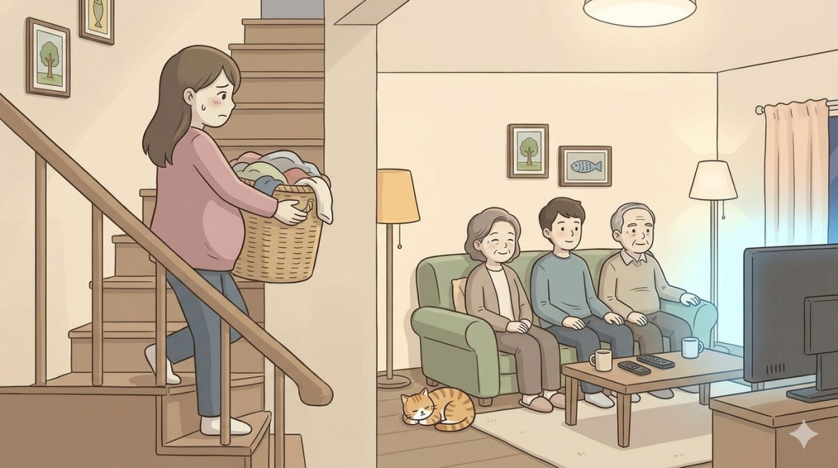 Tôi đang bầu to vẫn phải mang quần áo lên tầng năm phơi