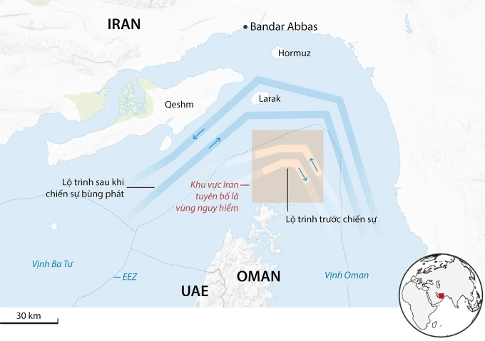 Tuyến đường Iran vạch ra cho các tàu đi qua eo biển Hormuz. Đồ họa: Guardian