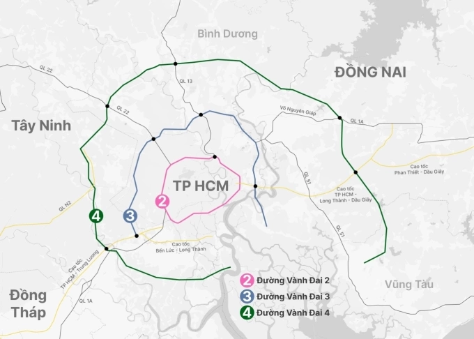 Hướng tuyến ba đường Vành đai TP HCM, phần ngắt quãng là cao tốc Bến Lức - Long Thành. Đồ họa: Hoàng Thanh
