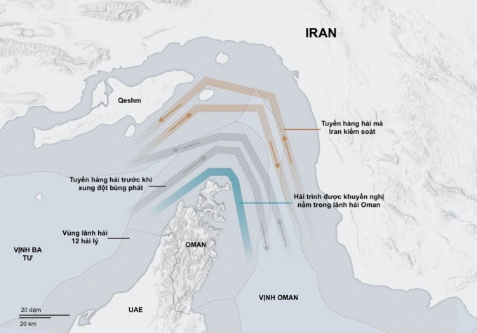 Các tuyến hàng hải đi qua eo biển Hormuz. Đồ họa: WSJ