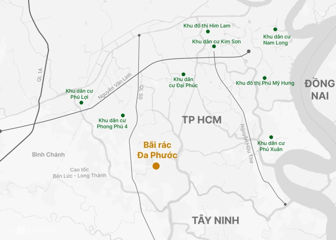 Vị trí bãi chôn lấp rác Đa Phước. Đồ họa: Hoàng Thanh