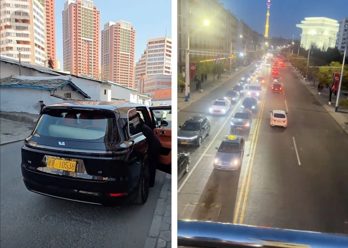 Chiếc SUV hiệu Li Auto L9 mang biển số vàng có 5 chữ số tại Bình Nhưỡng hồi tháng 3 (trái) và cảnh tắc đường hồi tháng 4 (phải). Ảnh: Reuters