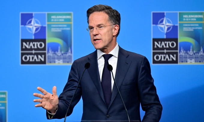 Tổng thư ký NATO Mark Rutte phát biểu tại hội nghị cấp ngoại trưởng của khối ở Thụy Điển hôm 22/5. Ảnh: AP