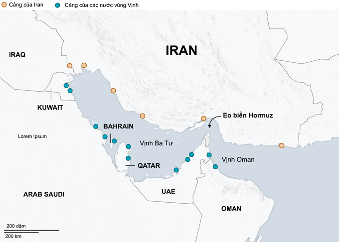Vị trí eo biển Hormuz và các cảng ở vùng Vịnh. Đồ họa: WSJ