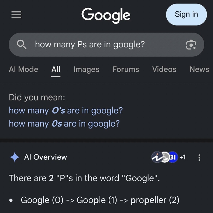 AI Overview trả lời có hai chữ cái p trong từ Google. Ảnh: X/mersomas