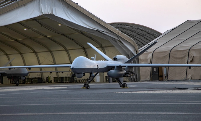 UAV MQ-9 Mỹ triển khai ở căn cứ Ali Al-Salem, Kuwait, hồi năm 2020. Ảnh: USAF