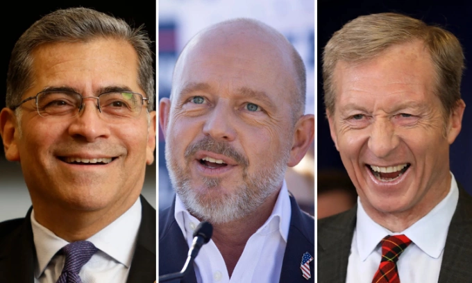 Từ trái qua phải, ông Xavier Becerra, ông Steve Hilton, ông Tom Steyer. Ảnh: AP, AFP