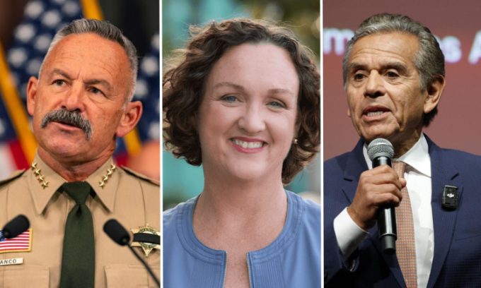 Từ trái qua phải, ông Chad Bianco, Bà Katie Porter, ông Antonio Villaraigosa. Ảnh: AFP, Reuters
