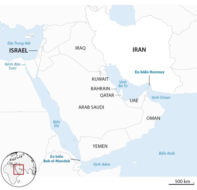 Vị trí eo biển Bab el-Mandeb, Yemen, Israel và Iran. Đồ họa: Guardian