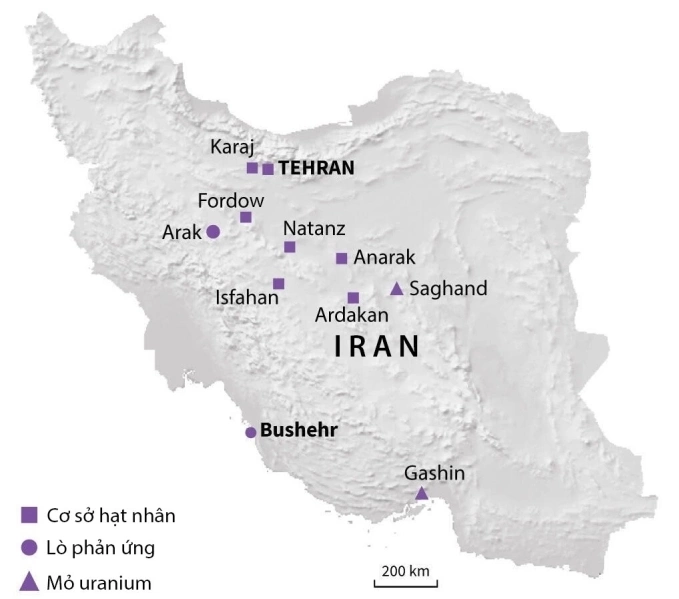 Vị trí ba cơ sở hạt nhân Iran Fordow, Natanz và Isfahan. Đồ họa: AFP