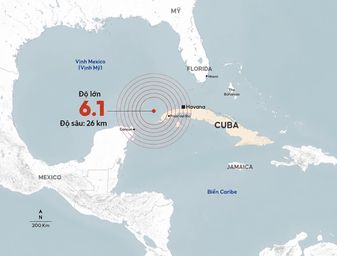 Tâm chấn ngoài khơi tây bắc Cuba. Đồ họa: Reuters