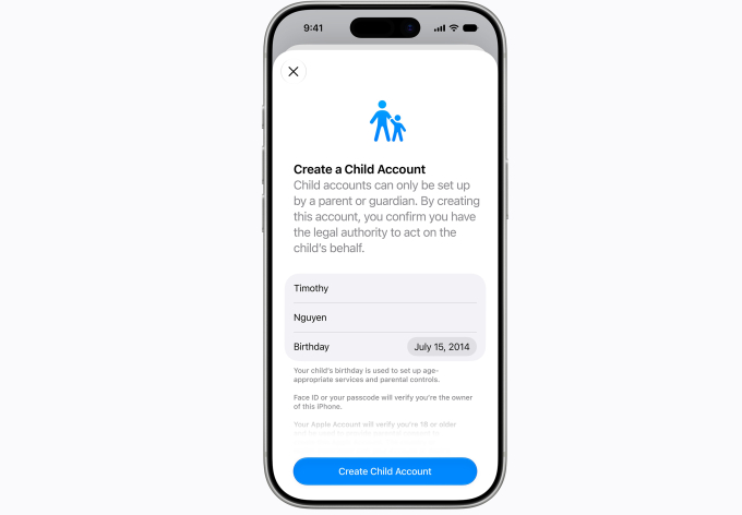 Giao diện lập tài khoản cho trẻ em của Apple. Ảnh: Apple