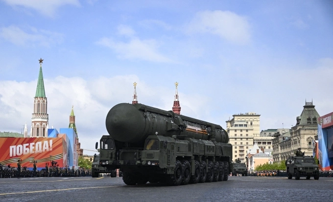 Tên lửa đạn đạo xuyên lục địa Yars của Nga trong lễ duyệt binh ở Moskva tháng 5/2024. Ảnh: AFP