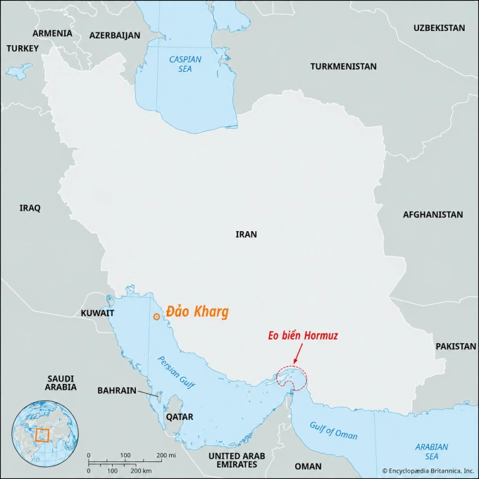 Vị trí đảo Kharg và eo biển Hormuz. Đồ họa: Britannica