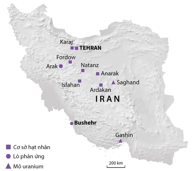 Vị trí ba cơ sở hạt nhân Iran Fordow, Natanz và Isfahan. Đồ họa: AFP