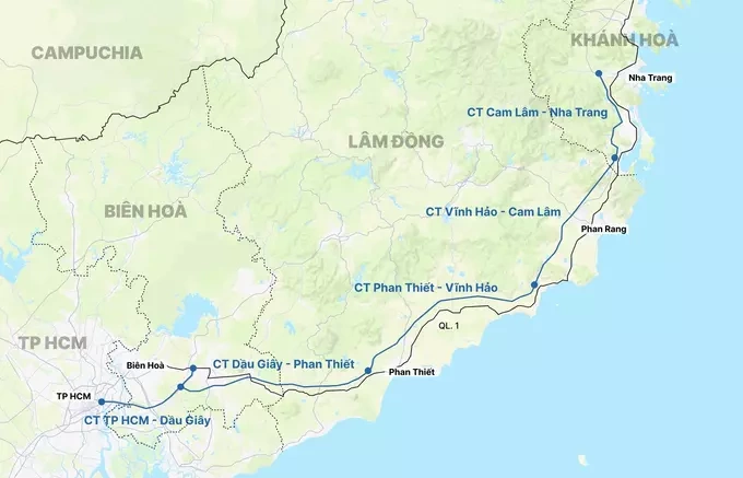 Cao tốc Phan Thiết - Dầu Giây là một trong 5 đoạn nối TP HCM với Nha Trang. Đồ họa: Tâm Thảo