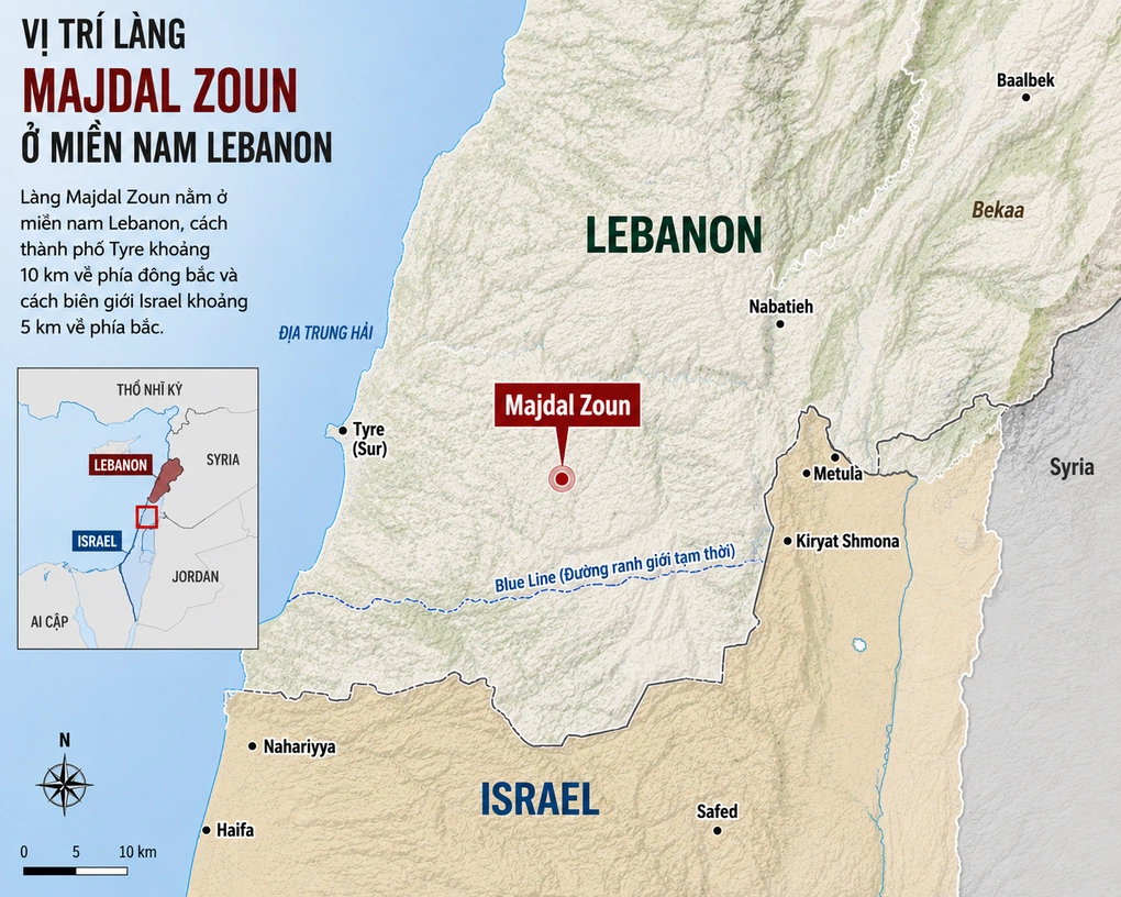 Vị trí làng Majdal Zoun ở miền nam Lebanon. Đồ họa: Huyền Lê/ Chat GPT