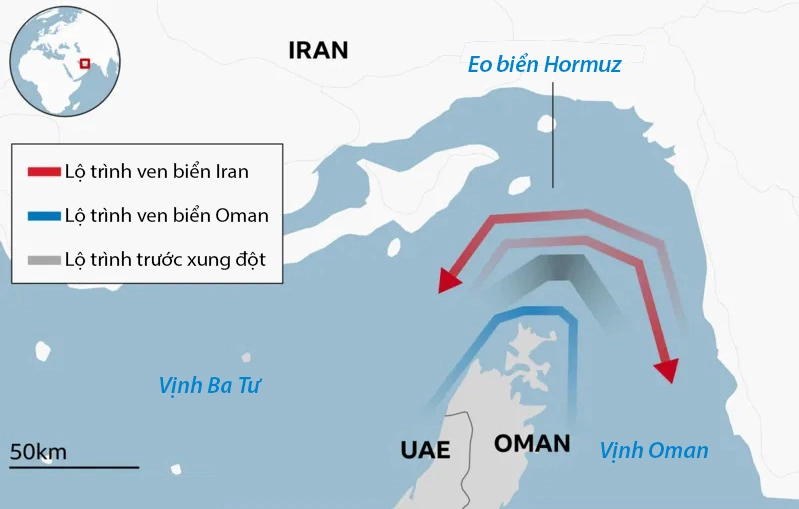 Các tuyến hàng hải qua eo biển Hormuz. Đồ họa: BBC