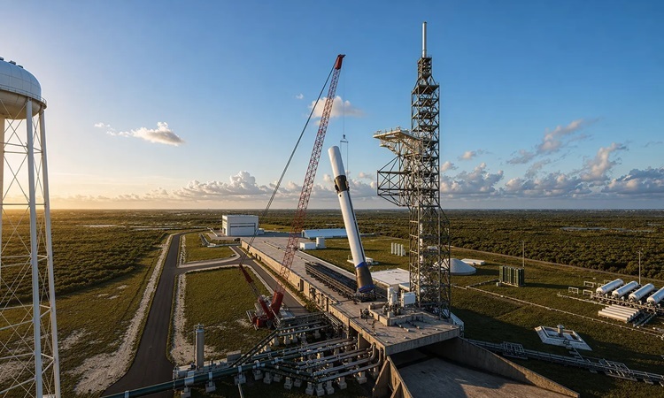Blue Origin sẽ sử dụng cần cẩu để dựng đứng tên lửa New Glenn trên bệ phóng xây lại tại Trạm Không gian Cape Canaveral. Ảnh: Blue Origin