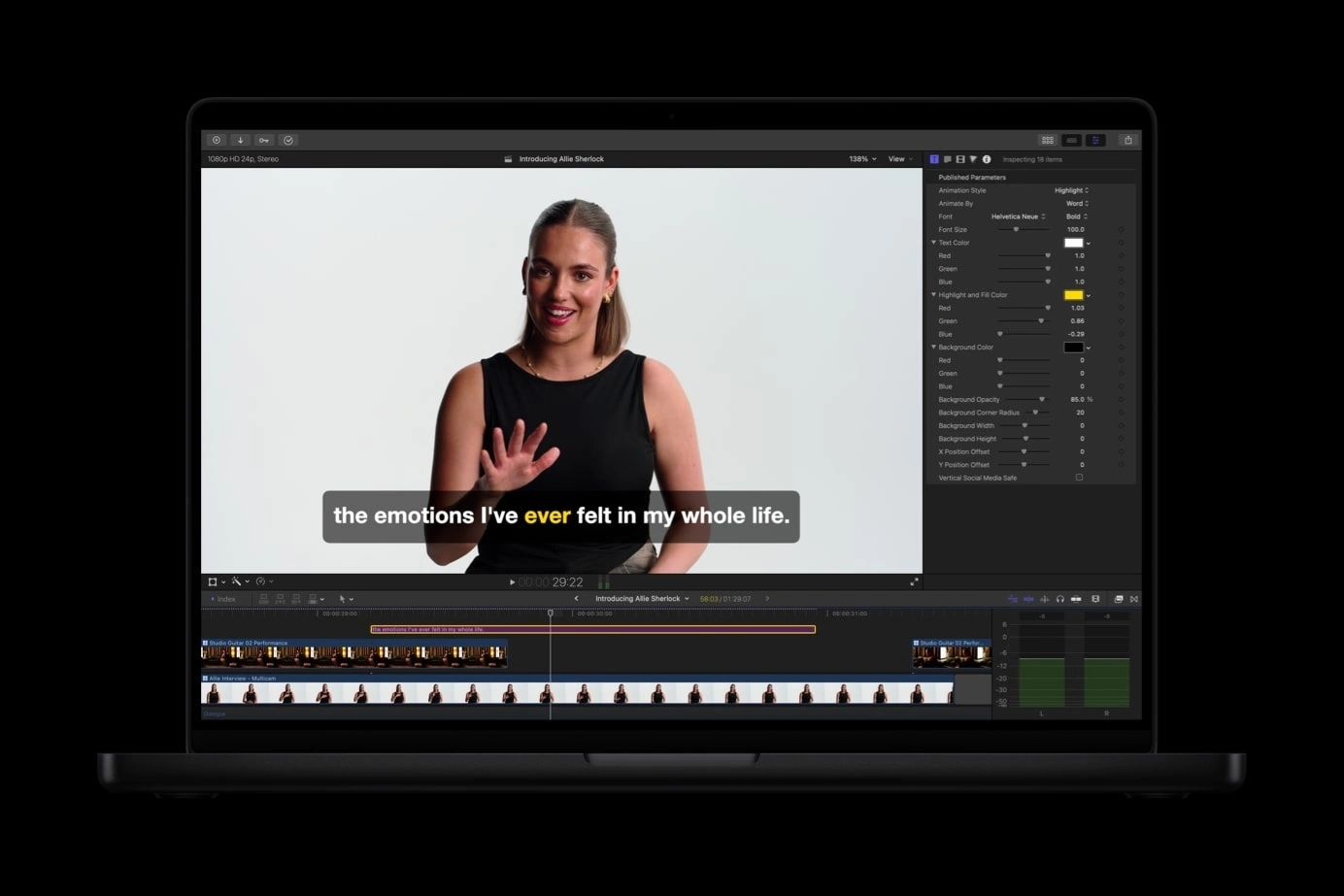 Tạo phụ đề tự động nhờ AI trên thiết bị của Final Cut Pro.