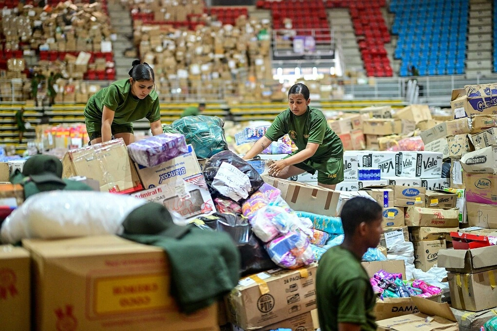 Humanitarian aid sent to Venezuela is being gathered at the Polideportivo Jose Maria Vargas sports complex in La Guaira, the city worst hit by the earthquake, and prepared for delivery to those in need on June 30, 2026.