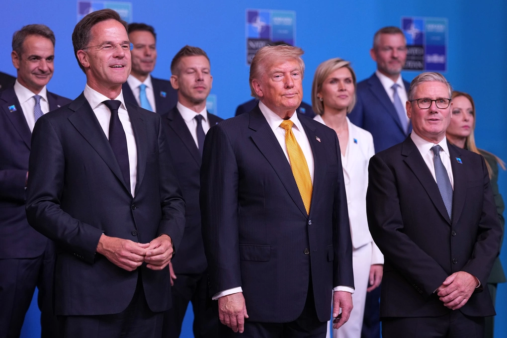 Front row left to right, NATO Secretary General Mark Rutte, President Donald Trump and Britains Prime Minister Keir Starmer during a group photo of NATO heads of state and government at the NATO summit in Ankara, Turkey, Wednesday, July 8, 2026. (AP Photo/Francisco Seco)