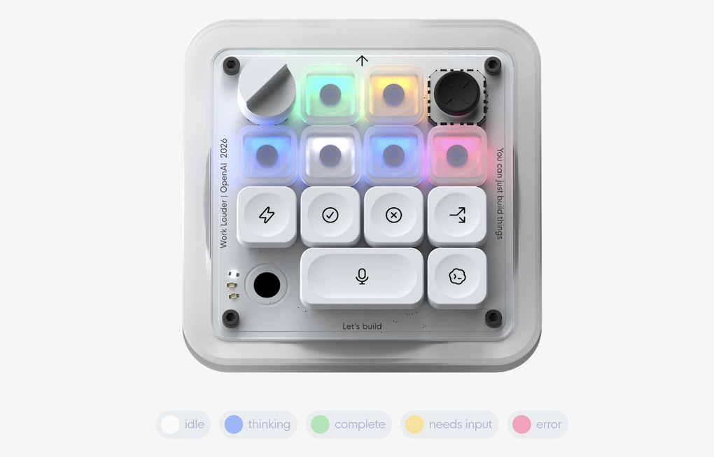 OpenAI's Codex Micro keyboard with active status colors. Photo: OpenAI/Work Louder