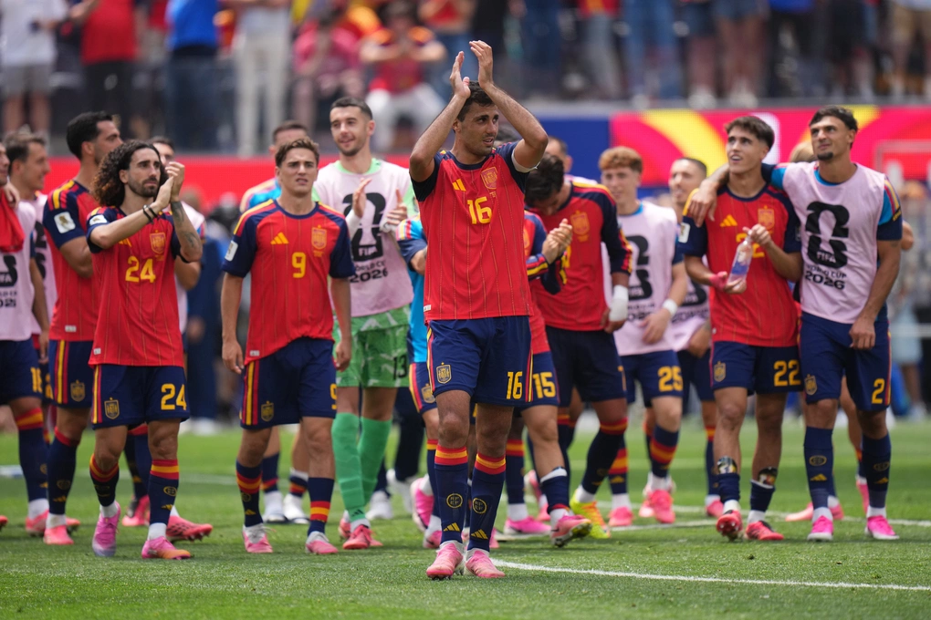 Spanish players celebrate after the match against Belgium in the quarterfinals of the 2026 World Cup, at Los Angeles Stadium, USA on July 10, 2026. Photo: AP