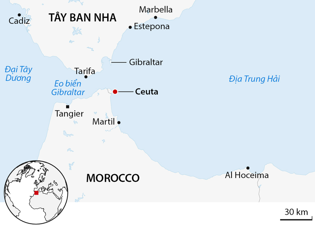 Vị trí Morocco, Tây Ban Nha và thành phố Ceuta. Đồ họa: Guardian