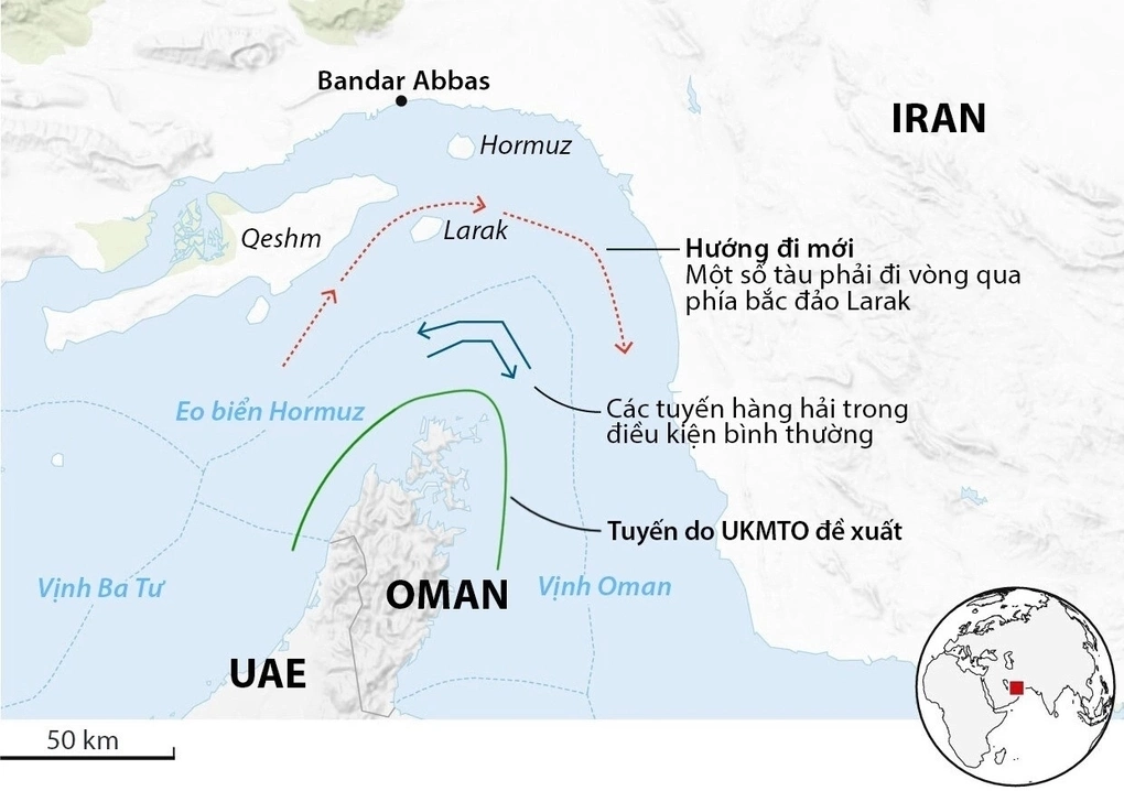 Luồng di chuyển qua eo biển Hormuz. Đồ họa: Guardian