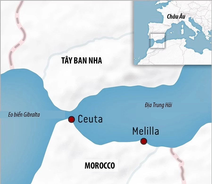 Vị trí Morocco, Tây Ban Nha và thành phố Ceuta. Đồ họa: Guardian