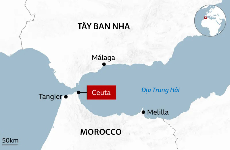 Vị trí Morocco, Tây Ban Nha và thành phố Ceuta. Đồ họa: BBC
