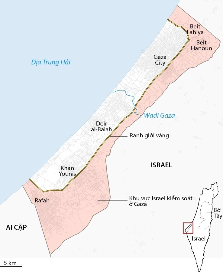 Vị trí ranh giới vàng Israel thiết lập theo thỏa thuận giai đoạn một. Đồ họa: Guardian