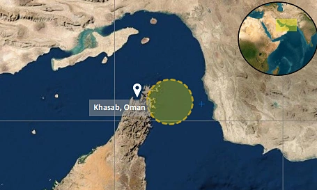 Vị trí con tàu bị tấn công ngoài khơi thị trấn Khasab của Oman hôm nay. Ảnh: UKMTO