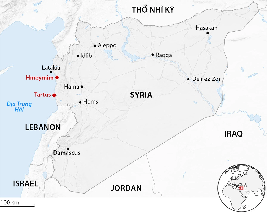 Vị trí căn cứ không quân Hmeymim và căn cứ hải quân Tartus ở Syria. Đồ họa: Guardian