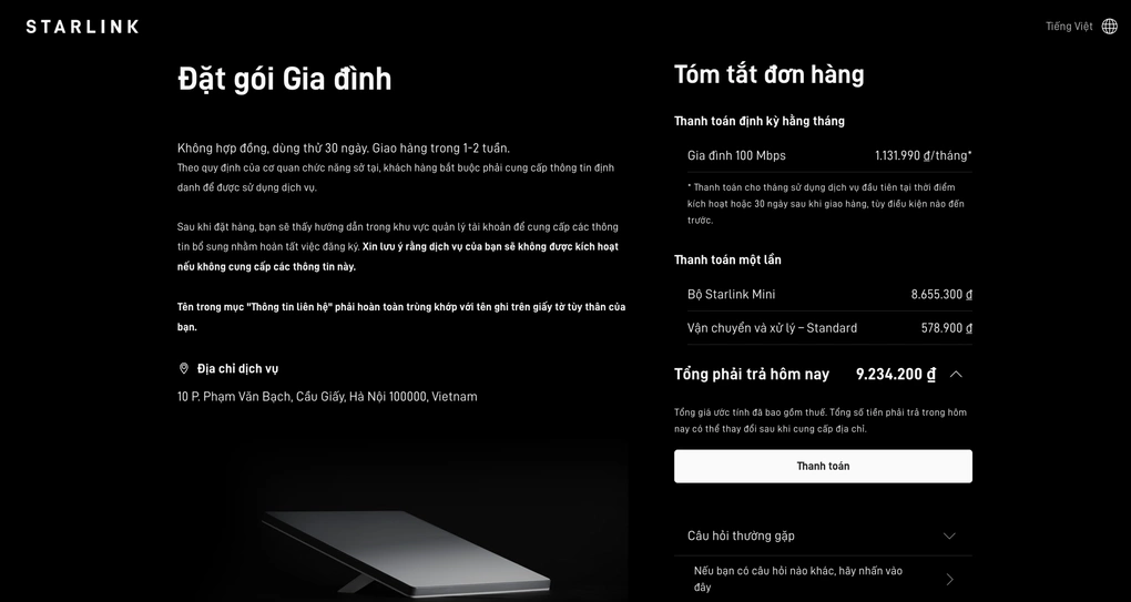 Website đặt hàng Starlink, sáng 13/8. Ảnh chụp màn hình