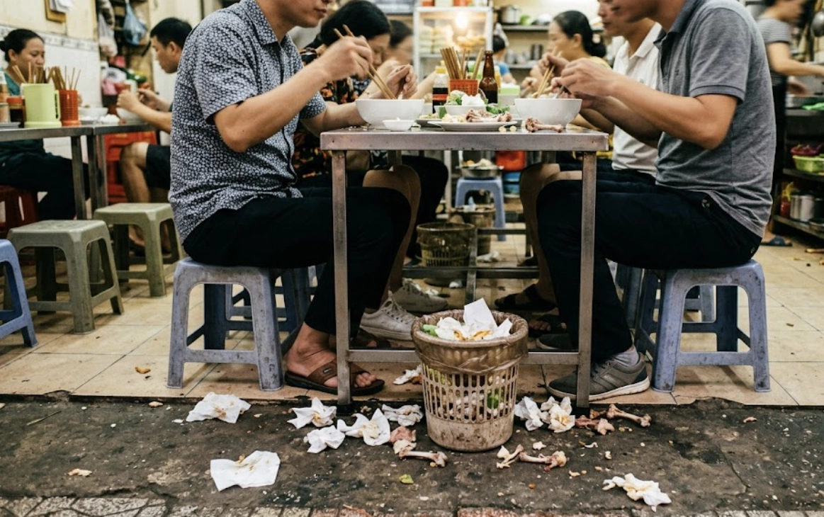 Nhiều khách vứt khăn giấy, xương xẩu xuống sàn quán ăn dù có thùng rác