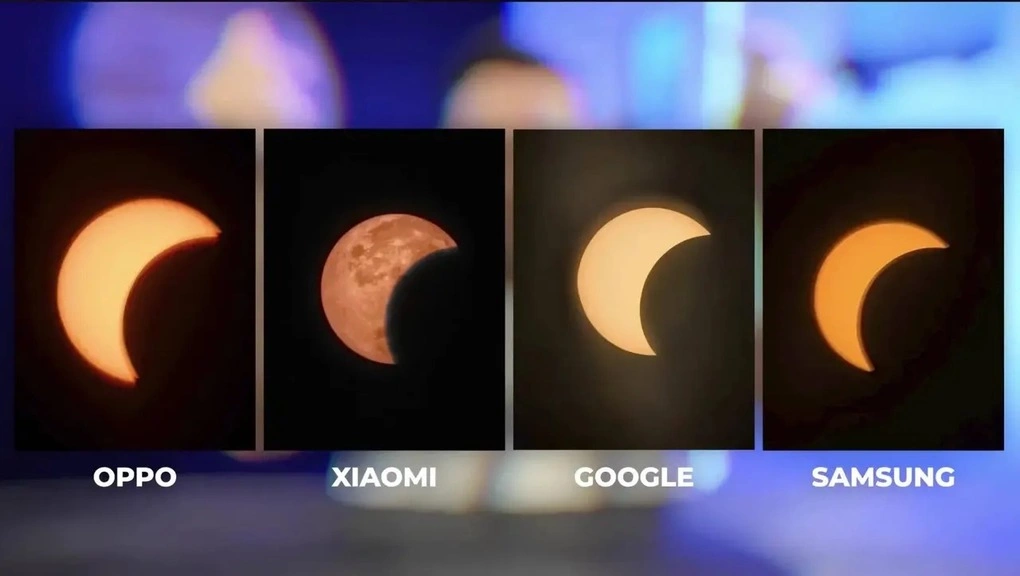 Photo of a solar eclipse between several smartphones, in which Xiaomi phones draw the Sun into the Moon. Photo: Gizchina