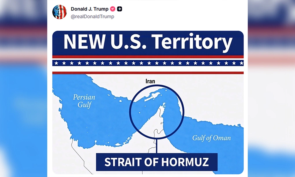 Bản đồ eo biển Hormuz với dòng chữ lãnh thổ mới của Mỹ được Tổng thống Donald Trump đăng ngày 18/8. Ảnh: Truth Social/Donald J. Trump