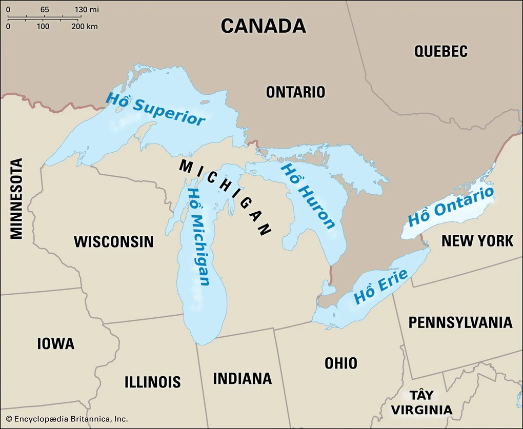 Ngũ đại hồ ở Bắc Mỹ, trong đó hồ Ontario nằm giữa bang New York của Mỹ và bang Ontario của Canada. Đồ họa: Britannica