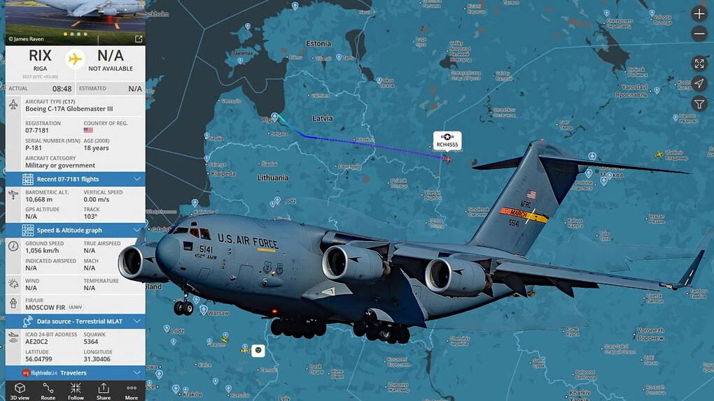 Dữ liệu bay của vận tải cơ Boeing C-17 Globemaster. Ảnh: Flightradar24/Moscow Times