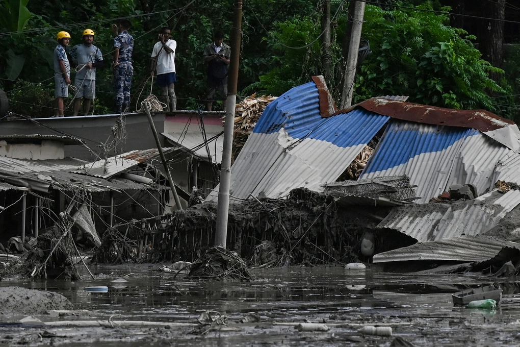 Rubble after a flash flood and landslide in Devghat, Nuwakot district, Nepal, August 26. Photo: AFP